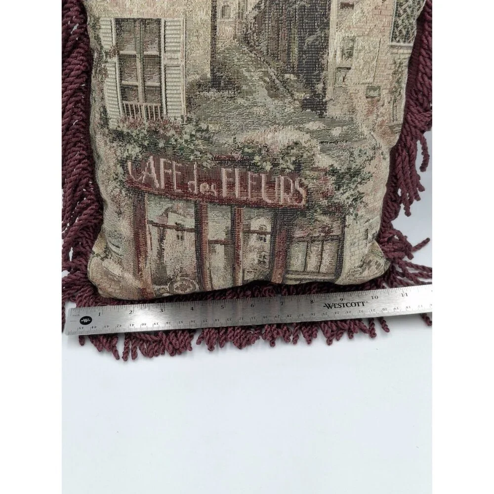 Vinatge 90s y2k Cafe De Fleurs Tapestry Throw Pillow With Burgundy Fringe